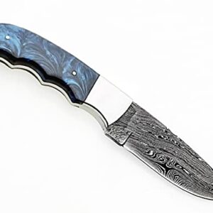 ONEHOPE BLADES Handmade Damascus Steel Hunting Knife With Leather Sheath, 8 inches Fixed Blade Tactical Survival Hand Forged Hunting Bushcraft Camping Knife (BLUE)