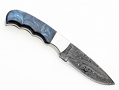 ONEHOPE BLADES Handmade Damascus Steel Hunting Knife With Leather Sheath, 8 inches Fixed Blade Tactical Survival Hand Forged Hunting Bushcraft Camping Knife (BLUE)