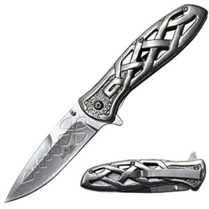 rtek 4.25″ metal handle celtic ring folding knife with belt clip, designed etched blade, heavy duty traditional folding knife for outdoor, survival, edc, camping, and everyday carry, gifts for men (silver)