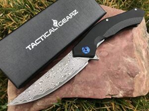 tactical gearz damascus g10 pocket knife, triton xt! g10 handle! damascus blade w/vg10 core & 67 layers! ball bearing pivot system! includes sheath!