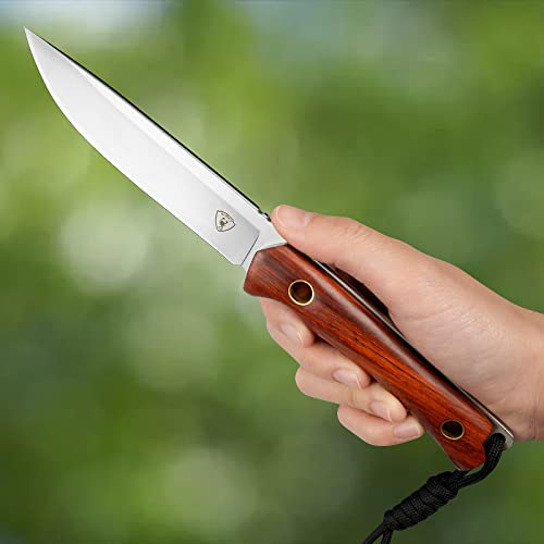 AUBEY Fixed Blade Hunting Knife, 4.52 inch D2 Steel Blade Survival Knife with Leather Sheath Wood Handle, Full Tang Camping Knife for Men Women