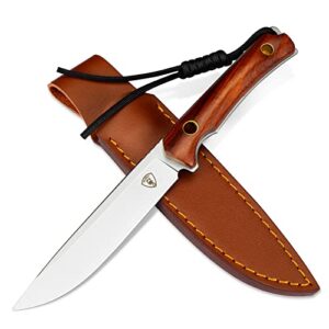 aubey fixed blade hunting knife, 4.52 inch d2 steel blade survival knife with leather sheath wood handle, full tang camping knife for men women