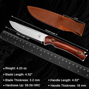 AUBEY Fixed Blade Hunting Knife, 4.52 inch D2 Steel Blade Survival Knife with Leather Sheath Wood Handle, Full Tang Camping Knife for Men Women