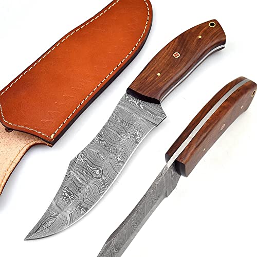 Handmade Damascus Hunting Knife with leather sheath Best Camping,Hiking,Tactical,Survival Knife for Men | Damascus fixed blade knife | Walnut Handle