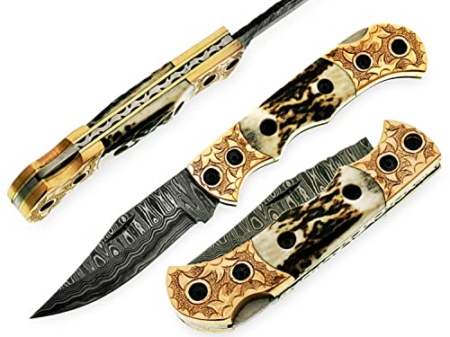 Back Lock Handmade Folding knife Pocket knife Damascus Steel Blade Back Lock Stag Horn Handle Leather Sheath BW-5160