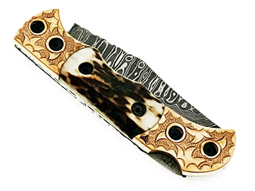 Back Lock Handmade Folding knife Pocket knife Damascus Steel Blade Back Lock Stag Horn Handle Leather Sheath BW-5160