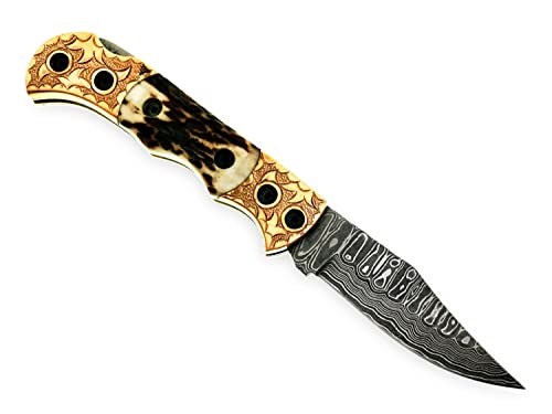 Back Lock Handmade Folding knife Pocket knife Damascus Steel Blade Back Lock Stag Horn Handle Leather Sheath BW-5160