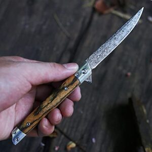 Pocket Knife For Men,Small Folding Pocket Knife,Case Hunting Knife Tactical Jungle Knife With Leather Sheath Damascus Pattern Folding Pocket Knife for Camping Hunting Men’s Gift For Indoor and Outdoor Activities