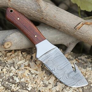 WARIVO KNIFE Hunting knife Full Tang Damascus Gut Hook Knife- EDC 8-inch Gut Hook Skinning knife for Hunting Fixed Blade Knife with Sheath Deer Gutting knives with Rosewood handle