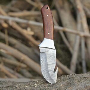 WARIVO KNIFE Hunting knife Full Tang Damascus Gut Hook Knife- EDC 8-inch Gut Hook Skinning knife for Hunting Fixed Blade Knife with Sheath Deer Gutting knives with Rosewood handle