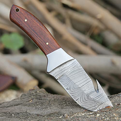 WARIVO KNIFE Hunting knife Full Tang Damascus Gut Hook Knife- EDC 8-inch Gut Hook Skinning knife for Hunting Fixed Blade Knife with Sheath Deer Gutting knives with Rosewood handle