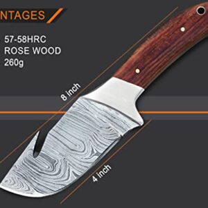 WARIVO KNIFE Hunting knife Full Tang Damascus Gut Hook Knife- EDC 8-inch Gut Hook Skinning knife for Hunting Fixed Blade Knife with Sheath Deer Gutting knives with Rosewood handle