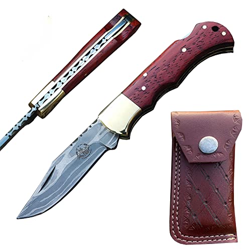 Element Metal Works Folding Knife with VG10 Stainless Steel, Tactical Knife for Camping Hunting Hiking, back Lock + brass Clip, Rid Wenge Wooden Handle, Father's Day Gifts for Men Husband Dad