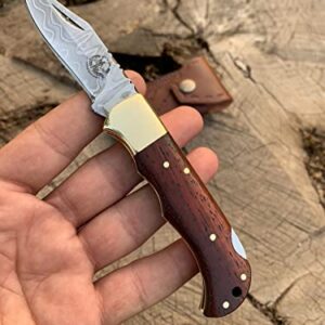 Element Metal Works Folding Knife with VG10 Stainless Steel, Tactical Knife for Camping Hunting Hiking, back Lock + brass Clip, Rid Wenge Wooden Handle, Father's Day Gifts for Men Husband Dad