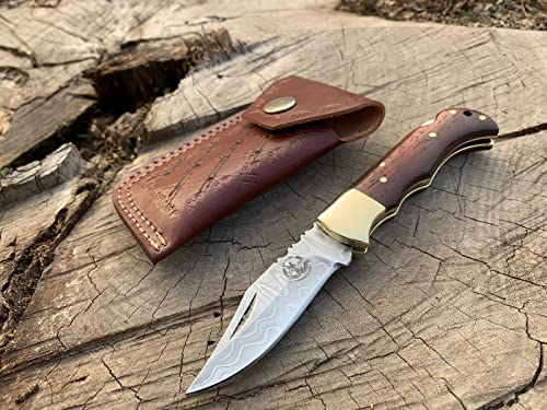 Element Metal Works Folding Knife with VG10 Stainless Steel, Tactical Knife for Camping Hunting Hiking, back Lock + brass Clip, Rid Wenge Wooden Handle, Father's Day Gifts for Men Husband Dad