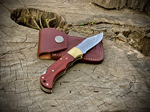 Element Metal Works Folding Knife with VG10 Stainless Steel, Tactical Knife for Camping Hunting Hiking, back Lock + brass Clip, Rid Wenge Wooden Handle, Father's Day Gifts for Men Husband Dad