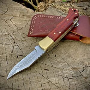 Element Metal Works Folding Knife with VG10 Stainless Steel, Tactical Knife for Camping Hunting Hiking, back Lock + brass Clip, Rid Wenge Wooden Handle, Father's Day Gifts for Men Husband Dad