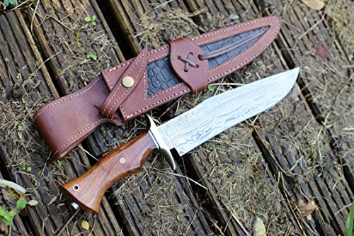 kaswah Handmade Damascus Steel Hunting Knife with Hand Stitched Leather Sheath - 14" Fixed Blade Knife with Solid Rosewood Wood Handle - EDC Survival Knife for Men