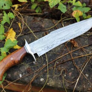 kaswah Handmade Damascus Steel Hunting Knife with Hand Stitched Leather Sheath - 14" Fixed Blade Knife with Solid Rosewood Wood Handle - EDC Survival Knife for Men