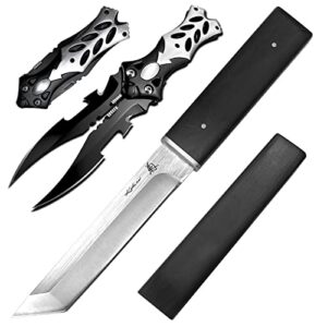 madsabre bundle of 2 items – dual blade pocket knife – japanese samurai tanto fixed blade katana – perfect for outdoor hunting survival camping edc camping hiking, unique gifts for men