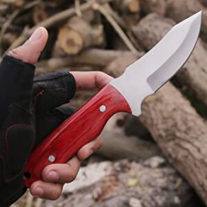 Exemplary Knives 9'' Handmade Fixed Blade knife with Cowhide Leather Sheath with integrated belt loop Stainless Steel Blade and Highly Polishing Red Pakkawood handle with Comfortable Grip for Outdoor Hunting, Hiking, Skinning, Camping and Bushcrafting.