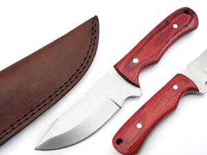 exemplary knives 9” handmade fixed blade knife with cowhide leather sheath with integrated belt loop stainless steel blade and highly polishing red pakkawood handle with comfortable grip for outdoor hunting, hiking, skinning, camping and bushcrafting.