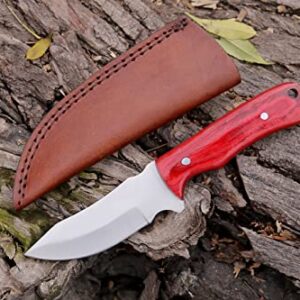 Exemplary Knives 9'' Handmade Fixed Blade knife with Cowhide Leather Sheath with integrated belt loop Stainless Steel Blade and Highly Polishing Red Pakkawood handle with Comfortable Grip for Outdoor Hunting, Hiking, Skinning, Camping and Bushcrafting.