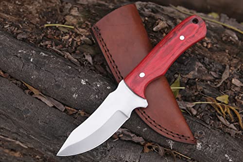 Exemplary Knives 9'' Handmade Fixed Blade knife with Cowhide Leather Sheath with integrated belt loop Stainless Steel Blade and Highly Polishing Red Pakkawood handle with Comfortable Grip for Outdoor Hunting, Hiking, Skinning, Camping and Bushcrafting.