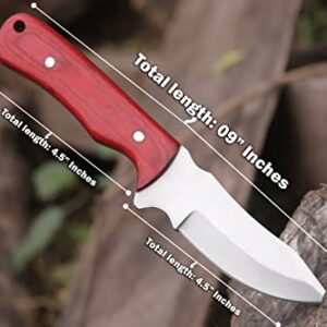 Exemplary Knives 9'' Handmade Fixed Blade knife with Cowhide Leather Sheath with integrated belt loop Stainless Steel Blade and Highly Polishing Red Pakkawood handle with Comfortable Grip for Outdoor Hunting, Hiking, Skinning, Camping and Bushcrafting.