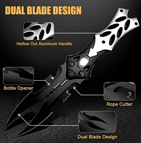 MADSABRE Bundle of 2 Items - Dual Blade Pocket Knife - Bat Design Folding Knife - Perfect for Outdoor Hunting Survival Camping EDC Camping Hiking, Unique Gifts for Men