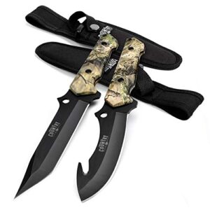 mossy oak fixed blade hunting knife set – 2 piece, full tang handle straight edge and gut hook blades game processing knife, sheath included