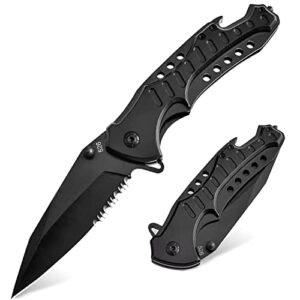 pocket knife for men, folding knife with clip, tactical knives with serrated blade, glass breaker & bottle opener, edc pocket tactical knife for outdoor survival camping hunting, cool knifes for dad