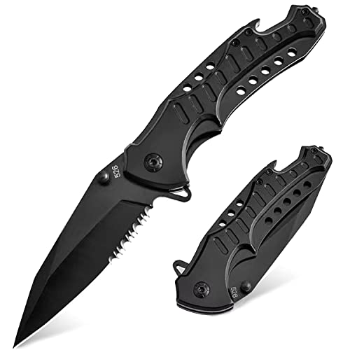 Pocket Knife for Men, Folding Knife with Clip, Tactical Knives with Serrated Blade, Glass Breaker & Bottle Opener, EDC Pocket Tactical Knife for Outdoor Survival Camping Hunting, Cool Knifes for Dad