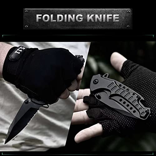 Pocket Knife for Men, Folding Knife with Clip, Tactical Knives with Serrated Blade, Glass Breaker & Bottle Opener, EDC Pocket Tactical Knife for Outdoor Survival Camping Hunting, Cool Knifes for Dad