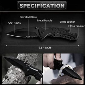 Pocket Knife for Men, Folding Knife with Clip, Tactical Knives with Serrated Blade, Glass Breaker & Bottle Opener, EDC Pocket Tactical Knife for Outdoor Survival Camping Hunting, Cool Knifes for Dad