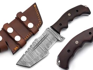 handmade damascus tracker knife 10 inches fixed blade hunting knife with horizontal carry leather sheath damascus steel fixed blade for hunting camping skinning survival, rosewood handle.