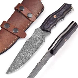 handmade damascus steel hunting skinning knife with leather sheath | 10.5” hand forged full tang fixed blade damascus bowie knives for men and women | edc razor sharp blade bushcraft camping survival knifes with belt loop for vertical and horizontal carr