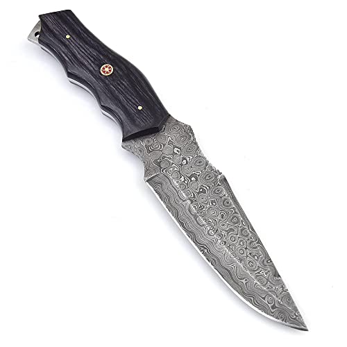 Handmade Damascus Steel Hunting Skinning Knife with Leather Sheath | 10.5'' Hand Forged Full Tang Fixed Blade Damascus Bowie Knives For Men and Women | EDC Razor Sharp Blade Bushcraft Camping Survival Knifes with Belt loop for Vertical and Horizontal Carr