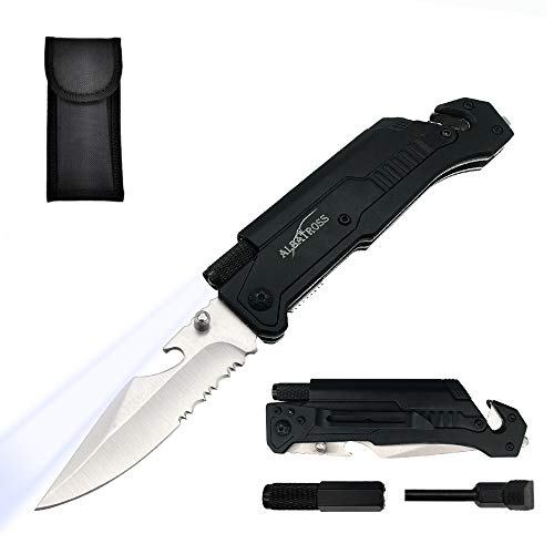 ALBATROSS Best 6-in-1 Survival Tactical Military Folding Pocket Knives with LED Light,Seatbelt Cutter,Glass Breaker,Magnesium Fire Starter,Bottle Opener;Multi-Function Emergency Tool(Black/Satin)