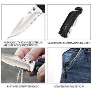 ALBATROSS Best 6-in-1 Survival Tactical Military Folding Pocket Knives with LED Light,Seatbelt Cutter,Glass Breaker,Magnesium Fire Starter,Bottle Opener;Multi-Function Emergency Tool(Black/Satin)