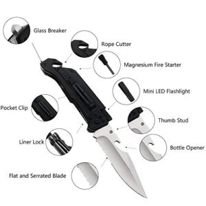 ALBATROSS Best 6-in-1 Survival Tactical Military Folding Pocket Knives with LED Light,Seatbelt Cutter,Glass Breaker,Magnesium Fire Starter,Bottle Opener;Multi-Function Emergency Tool(Black/Satin)