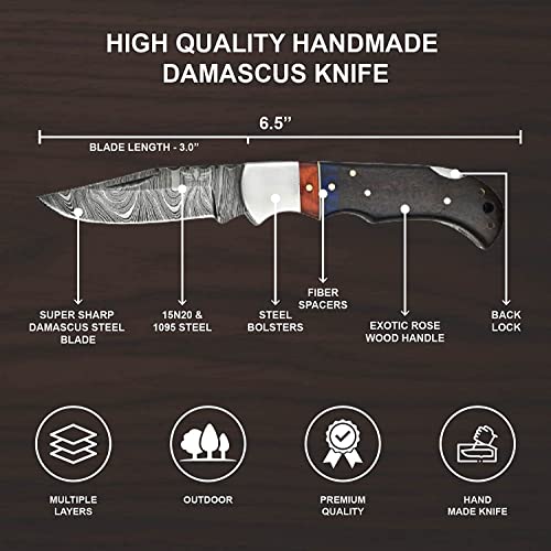 Lara Eagle Personalised Damascus Pocket Knife for Men - 133 Layer Solid Steel Handmade Folding Hunting Knives with Sharpner and Leather Pouch - Best Knife for Camping Hunting Hiking - Father’s Day Gifts for Men Husband Dad