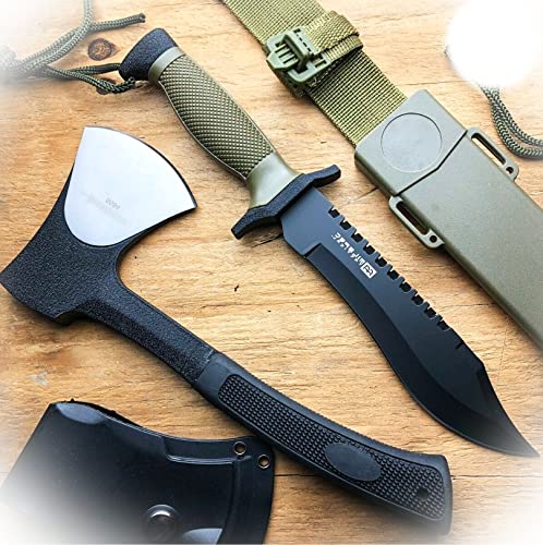 New 2 PC Hunting Fixed Blade Tactical Combat Survival Knife w/ Sheath + Hatchet Axe Camping Outdoor Pro Tactical Elite Knife BLDA-1039