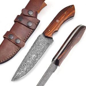 handmade damascus steel hunting bowie knife with leather sheath | 11” hand forged full tang fixed blade damascus skinning knives for men and women | edc razor sharp blade bushcraft camping survival knifes with belt loop for vertical and horizontal carry