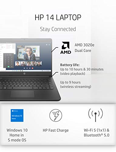 HP 14 Laptop, AMD 3020e, 4 GB RAM, 64 GB eMMC Storage, 14-inch HD Touchscreen, Windows 10 Home in S Mode, Long Battery Life, Microsoft 365, (14-fq0050nr, 2020)