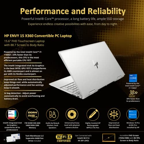 HP Envy 15T x360 2021 i7-1165G7 Quad Core 11th Gen, 16 GB RAM, 1 TB SSD, 15.6" FHD Touch, Tilt Pen, B&O Speakers, FHD Touchscreen, Win 11 Pro, Intel Xe Graphics, 64 GB Tech Warehouse Flash Drive