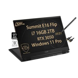 msi summit e16 flip 16” qhd+ 120hz touchscreen 2-in-1 business laptop (intel i7-1195g7, 16gb ram, 2tb ssd, rtx 3050) long-battery life, backlit, killer wifi 6e, thunderbolt 4, fingerprint, win 11 pro