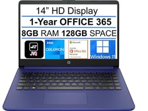 2022 newest hp stream 14″ hd laptop, intel celeron n4020(up to 2.8ghz), 8gb ram, 128gb space(64gb emmc+64gb card), 1-year office 365, wifi, hdmi, usb-c, webcam, bluetooth, windows 11s, blue+jvq mp