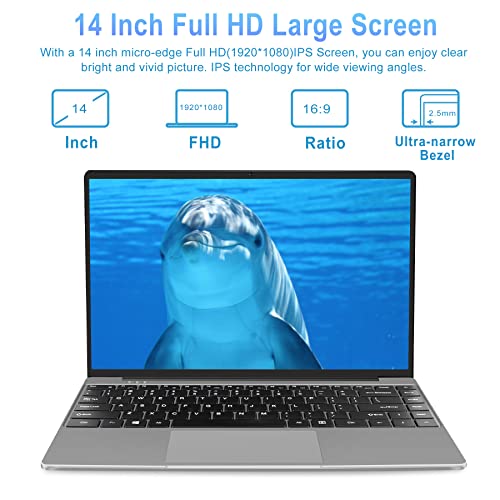 Ruzava Laptop Windows 10 14" 64GB Storage Support 1TB SSD Expansion 6GB RAM 1920x1080 FHD Traditional Laptops Computer 2.4G+5G WiFi Bluetooth 4.2 USB HDMI Aocwei for Work Study -Gray