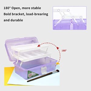 Zhousensen 13in Three-Layer Clear Art Storage Box Craft Organizer, Folding Tool Box with Handle, Art & Crafts Case/Sewing Supplies Organizer for Home School Office Travel (Purple)